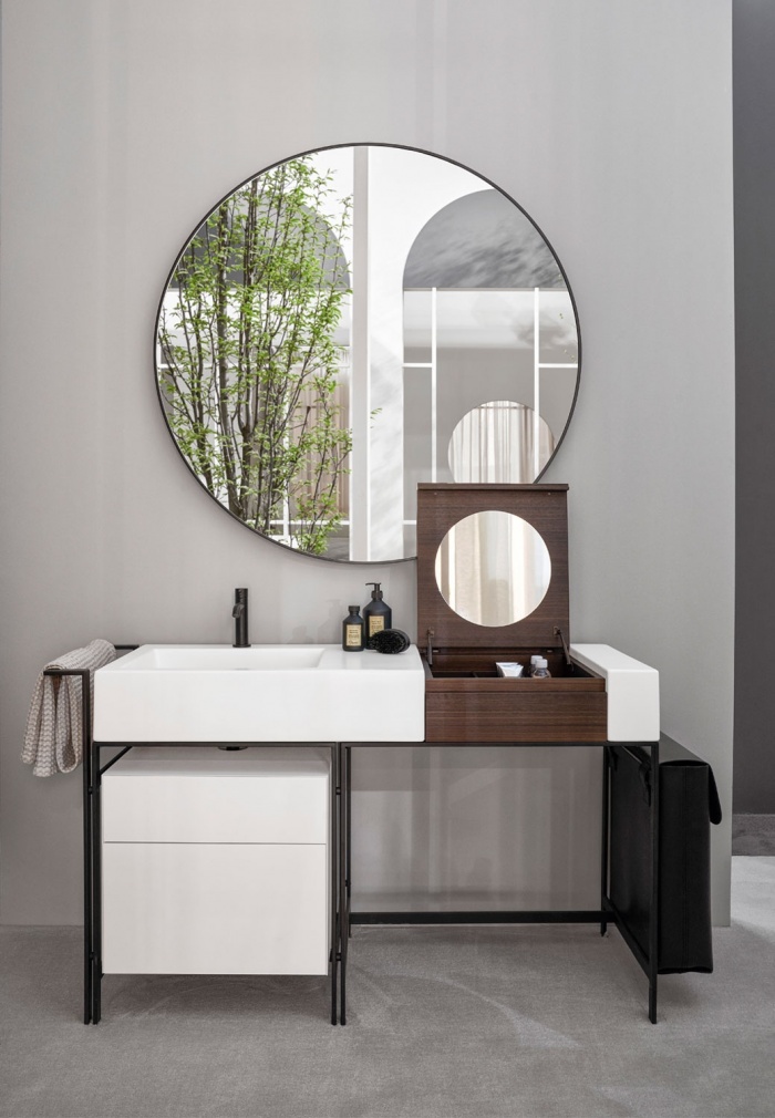 Lavabo Talco, estructura Negro Mate, elemento Make up Eucalipto, cajonera en Talco, saco en cuero Negro, espejo Round