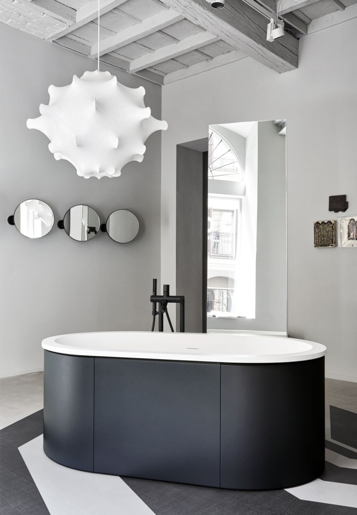 Cibele bath tub in LivingTec Matt White, Basalto playwood cladding