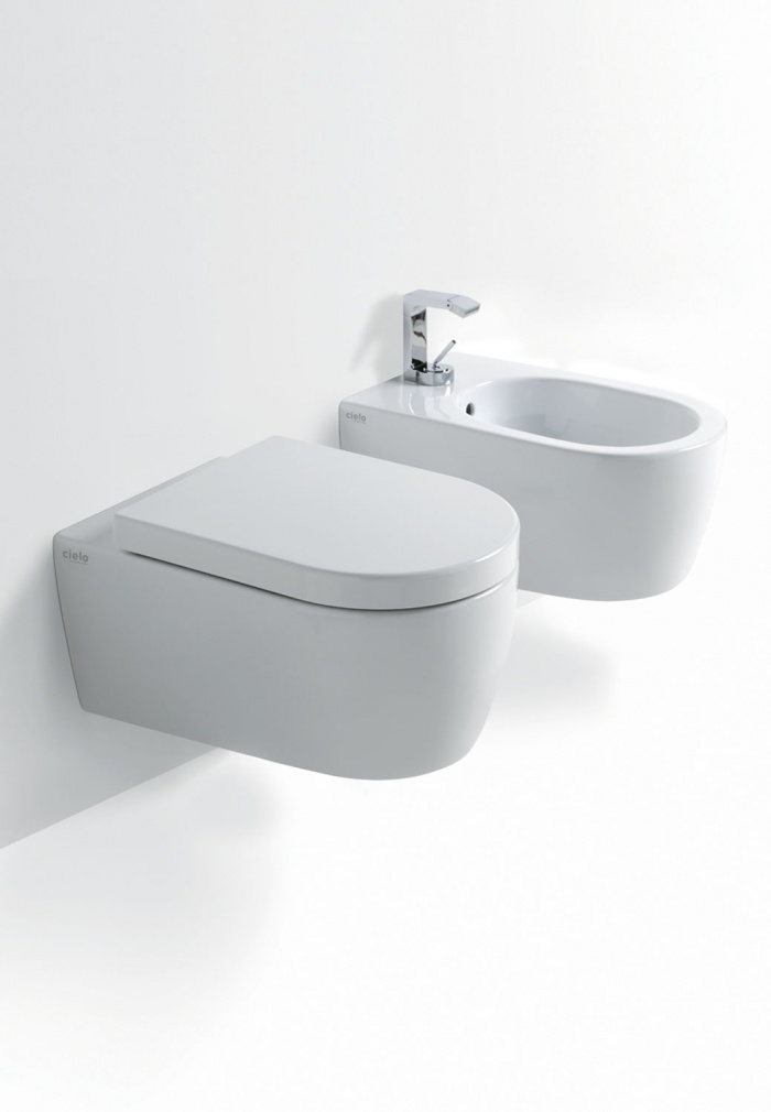 Wall hung Wc and  Bidet Gloss white finishes.