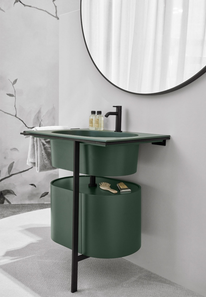 Muschio washbasin and cabinet, Black Matt framework with Rovere Nero towel rail, Black Matt 120 Round mirror