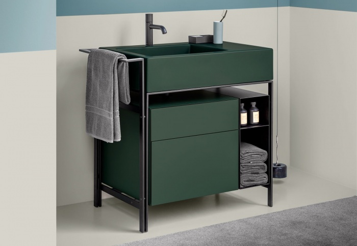 Lavabo Narciso Mini Muschio, cajonera lacada Muschio, estructura y box en acero Negro Mate.