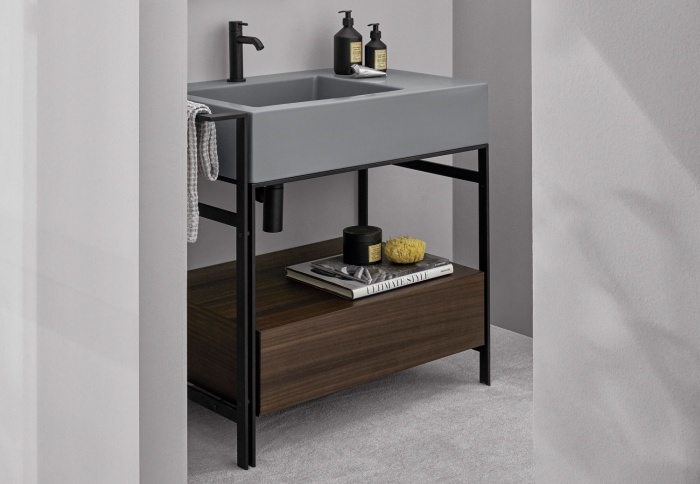 Lavabo Narciso Mini Brina, cajón madera Eucalipto, estructura Negro Mate