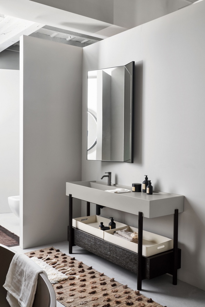 Plinio Pomice washbasin, Rovere Nero drawer and framework, Round mirror