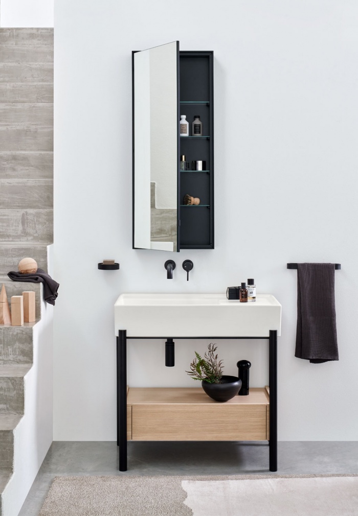 Lavabo Plínio 85 Talco, Cajón Rovere Naturale, Estructura Nero Matt. Espejo Simple Tall Box Ninfea