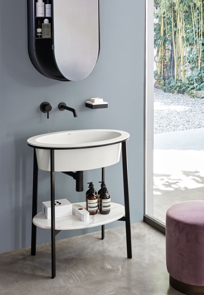 Talco washbasin, Black Matt framework, Bianco Carrara marble top, Black Matt Oval Box mirror